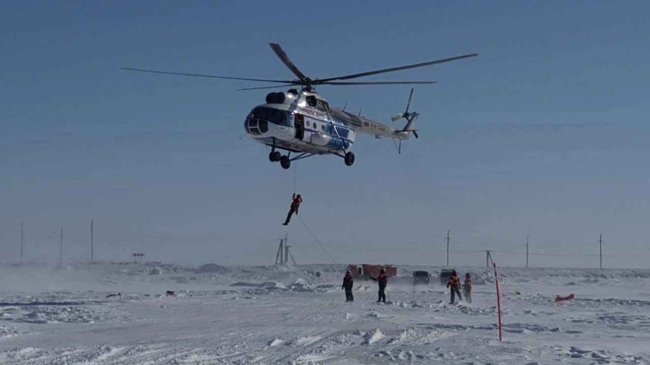 В Тазовском районе прошли учебные спуски спасателей с вертолёта